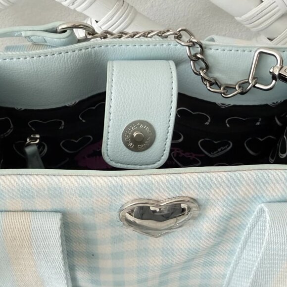 Betsey Johnson Luv Betsey Light Blue Gingham Ruffle Shoulder Bag Heart Sharm NWT - Picture 10 of 16